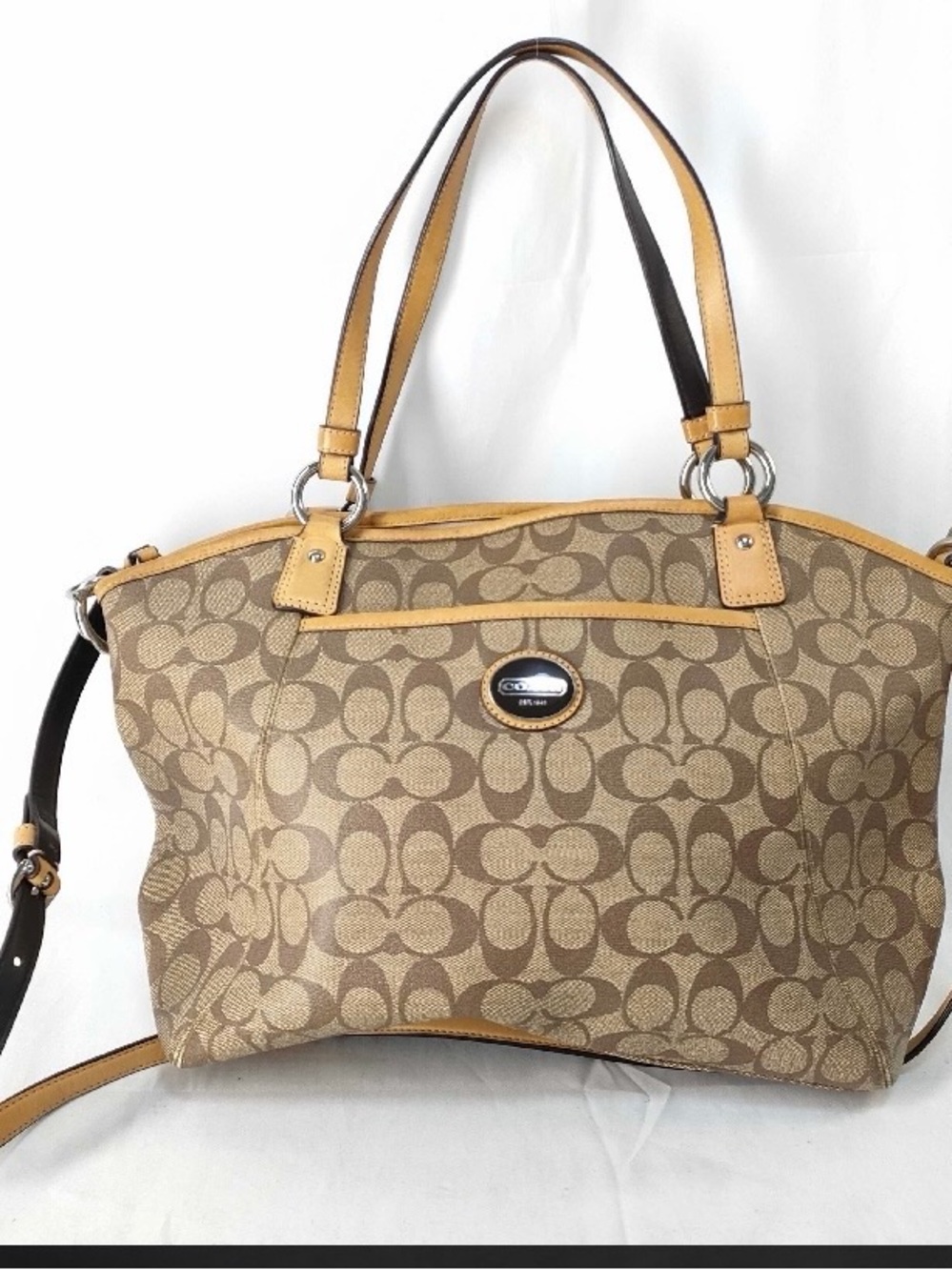 Coach Brown Tan Signature Canvas Tote with Leather Trim